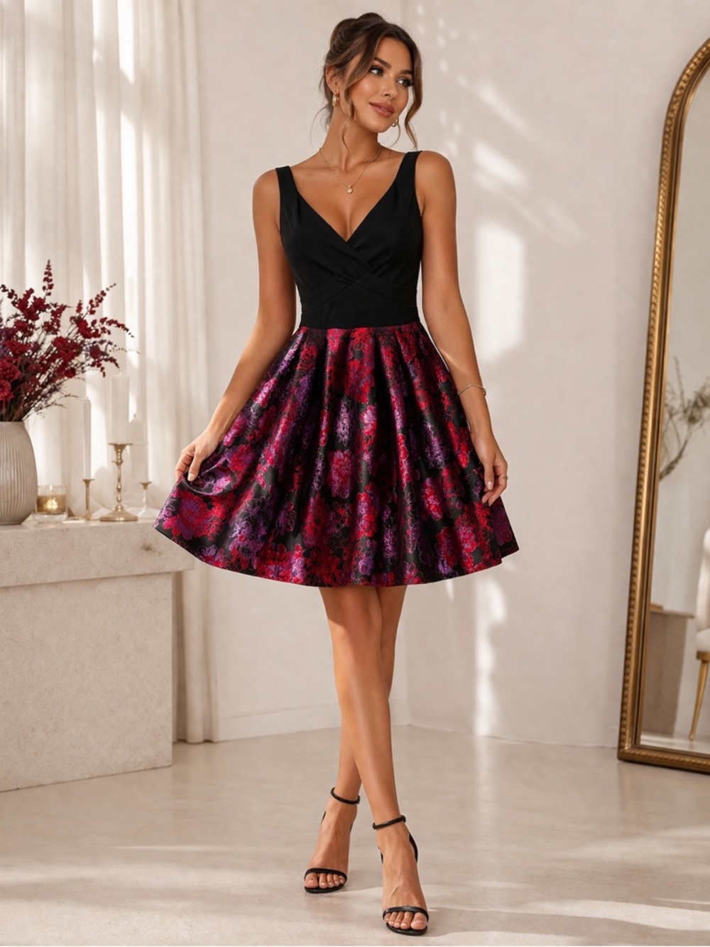 Crystal Doll Black Fit & Flare Dress Red Purple Brocade Skirt Party Cocktail